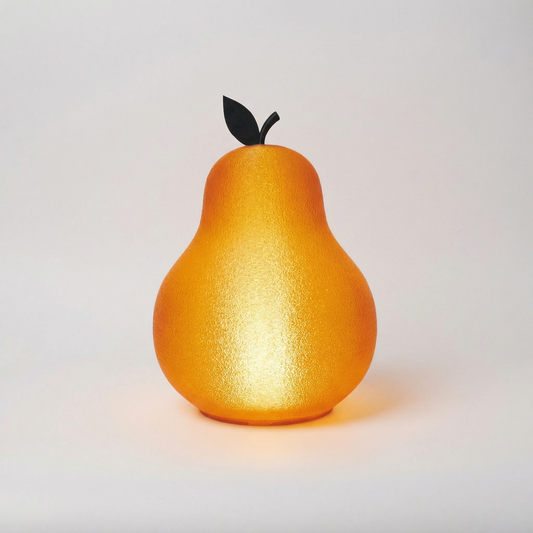 Pear-shaped lamp with a dark green leaf on a light white background